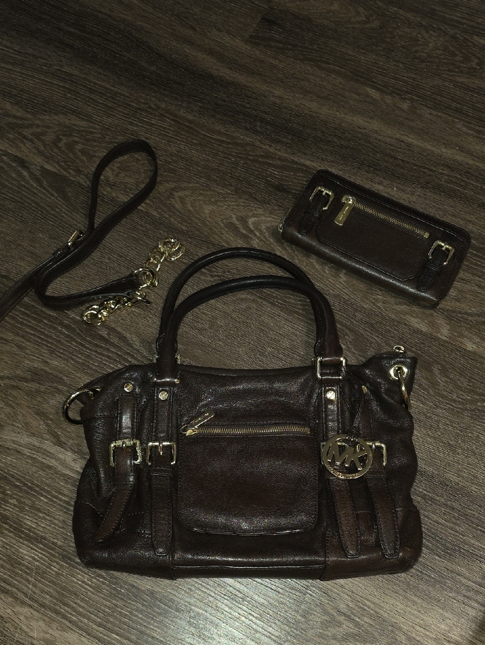 Michael Kors Dark Brown Leather Satchel with Gold Hardware